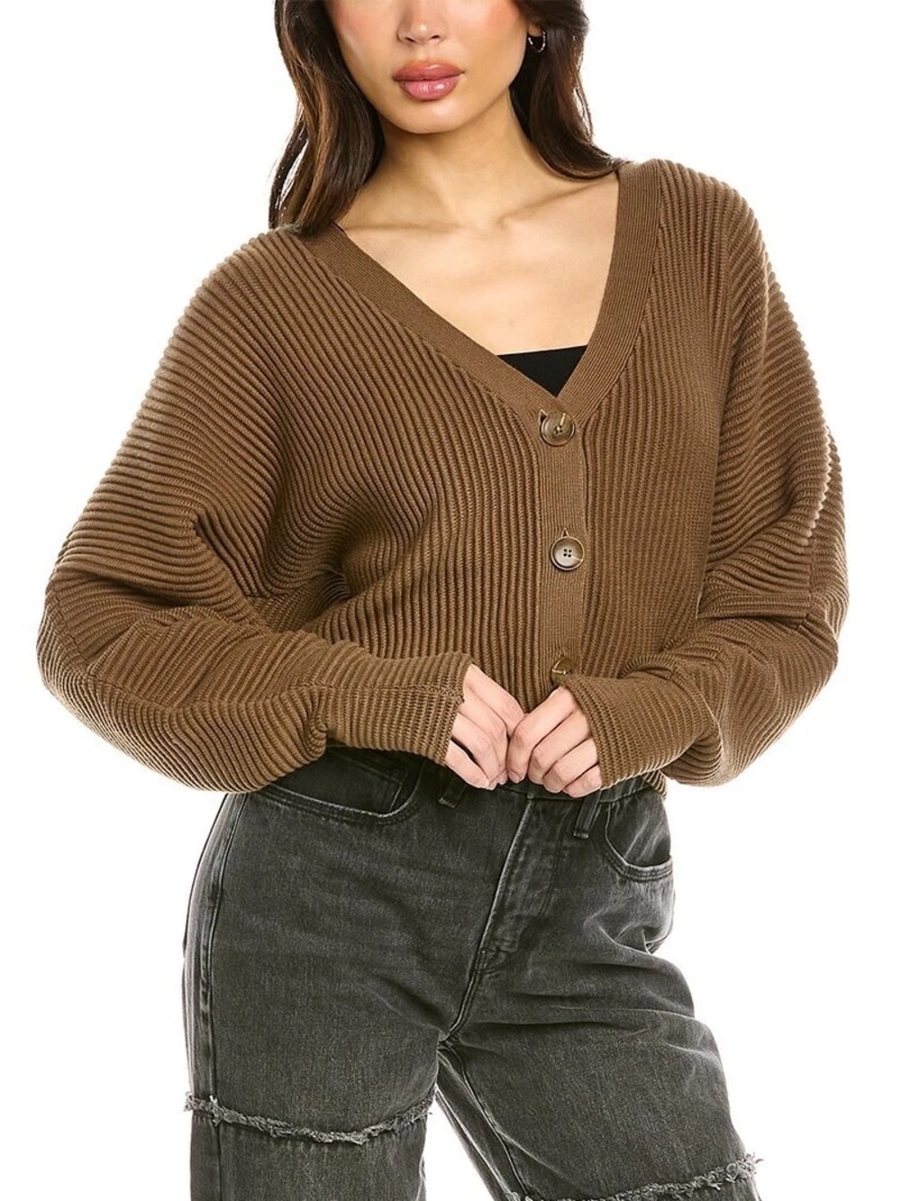 Good American Brown Ribbed V-Neck Cropped Cardigan one size